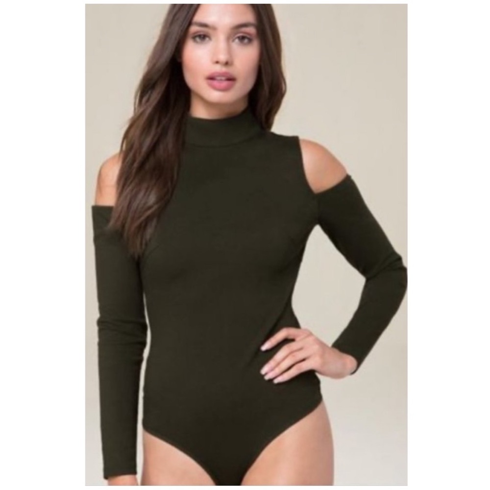 ☘️ Bebe Ponte Cold-Shoulder High Neck Bodysuit in Moss Green